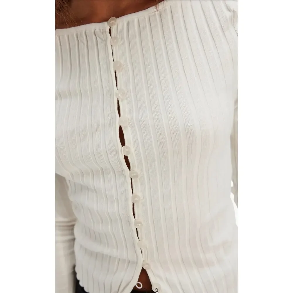 Free People White Ribbed Long-Sleeve Button Cardigan